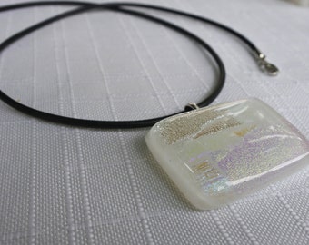 White dichroic fused glass rectangular pendant (P1033).