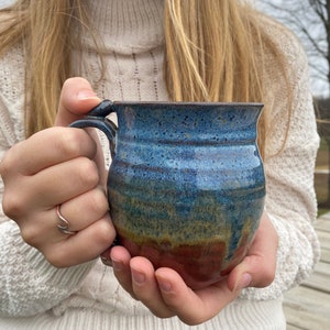Blue and rust red hand thrown stoneware mug Clay Coffee cup thumb rest image 2