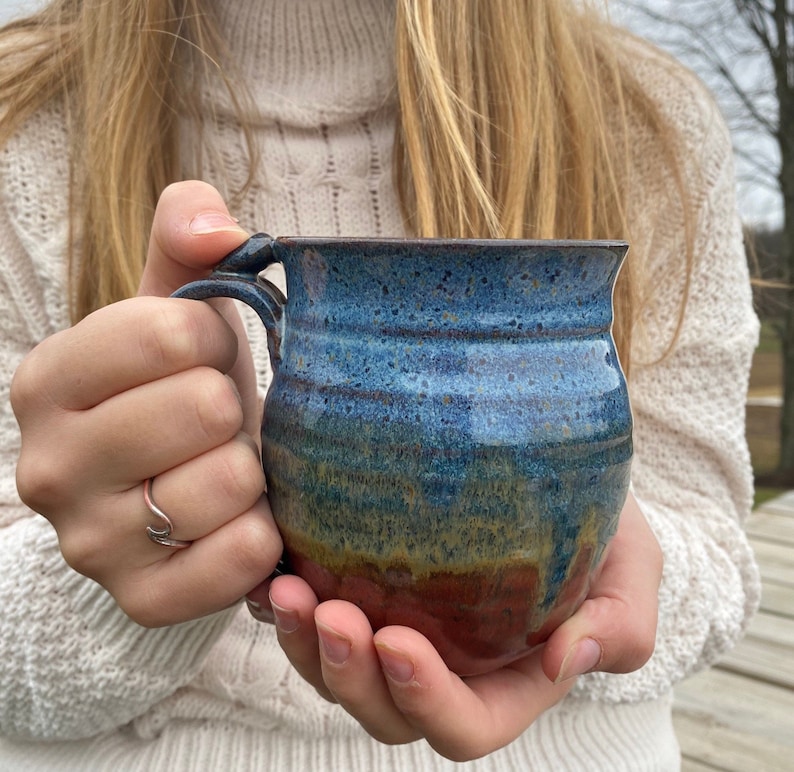 Blue and rust red hand thrown stoneware mug Clay Coffee cup thumb rest image 2