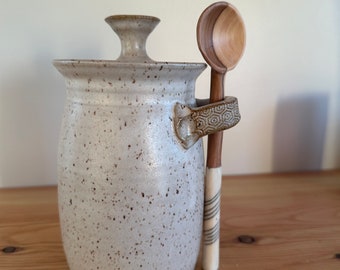 Stash jar with lid and handmade wooden spoon clay pottery stoneware