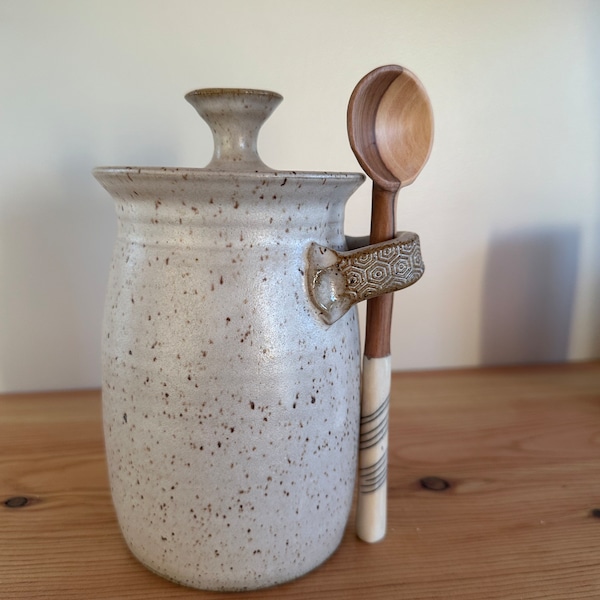 Stash jar with lid and handmade wooden spoon clay pottery stoneware