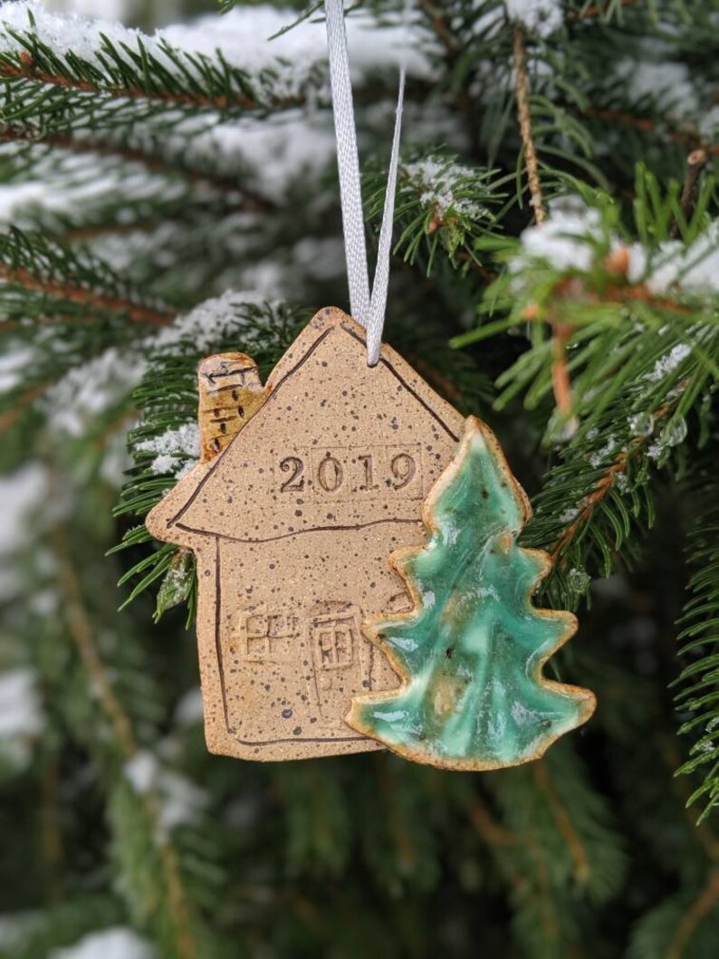 Holiday Christmas ornament dated 2019 House tree stoneware clay handmade stamped date