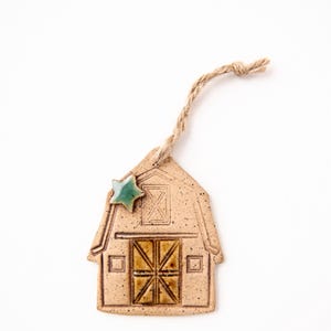 Christmas Barn Ornament with green star farm holiday tree