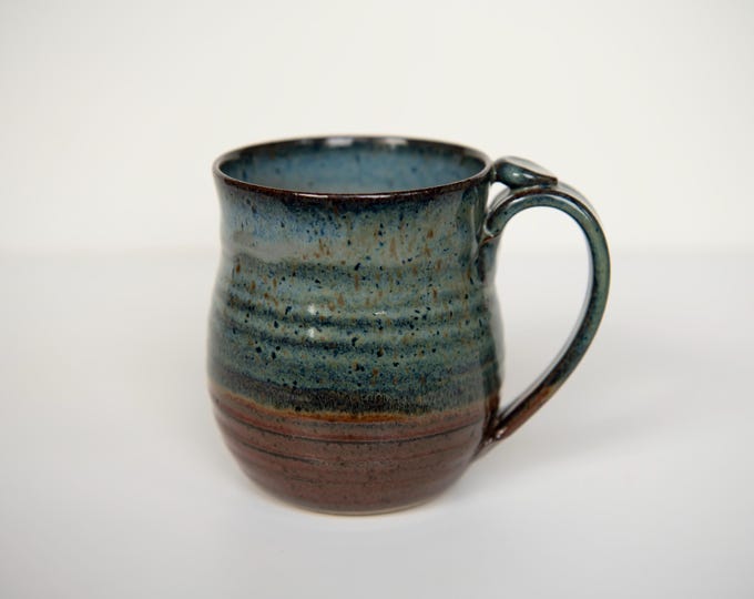 Blue and rust red hand thrown stoneware mug Clay Coffee cup thumb rest