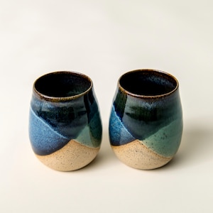 Set of 2 Handthrown Green and Blue Stoneware Wine Glasses