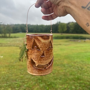 Pumpkin Lantern with Oak leaf ornament. Copper wire handle fall halloween
