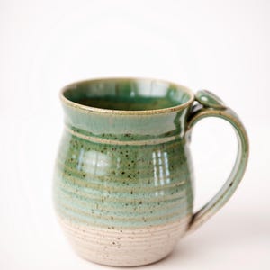 Handmade Ceramic Coffee Mug cup thumb rest green and white