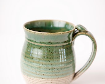 Handmade Ceramic Coffee Mug cup thumb rest green and white