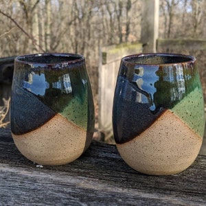 Set of 2 Handthrown Green and Blue Stoneware Wine Glasses