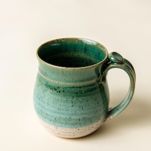 Handmade Ceramic Coffee Mug cup thumb rest green and white pottery clay cup stonehouse pottery