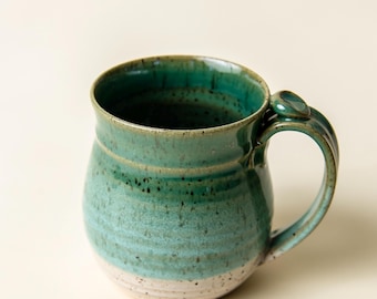 Handmade Ceramic Coffee Mug cup thumb rest green and white pottery clay cup stonehouse pottery