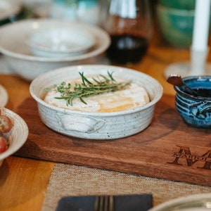 Satin White or Ocean Blue  Ceramic Brie Baker pottery baking dish with handles