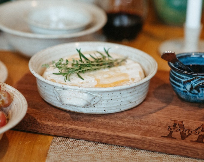Satin White or Ocean Blue  Ceramic Brie Baker pottery baking dish with handles