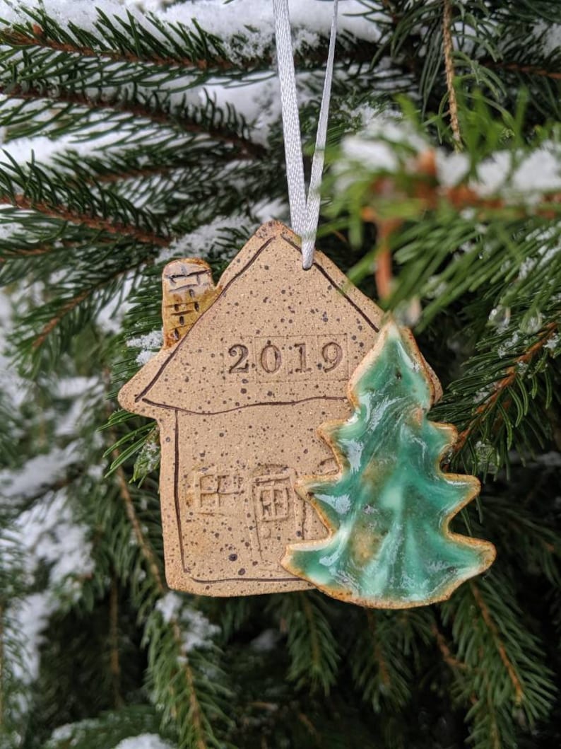 Holiday Christmas ornament dated 2019 House tree stoneware clay handmade stamped date