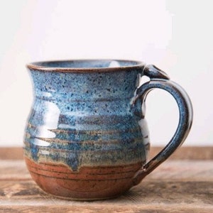 Blue and rust red hand thrown stoneware mug Clay Coffee cup thumb rest image 1