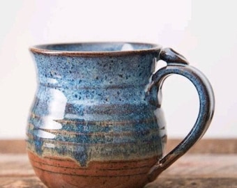 Blue and rust red hand thrown stoneware mug Clay Coffee cup thumb rest