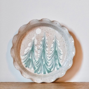Ceramic Pie Dish Baking Winter Tree Holiday Stoneware