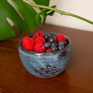 May include: A small, handmade blue ceramic bowl filled with fresh raspberries and blueberries. The bowl has a speckled texture and a decorative pattern of small circles around the base. The berries are vibrant red and deep blue.