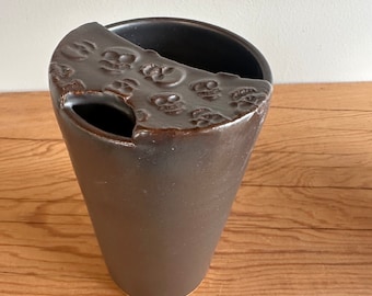 Pottery travel mug halloween skulls cup stoneware clay