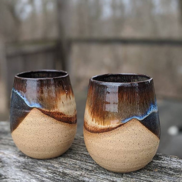 Blue, brown glaze Set of 2 handthrown stoneware wine glasses