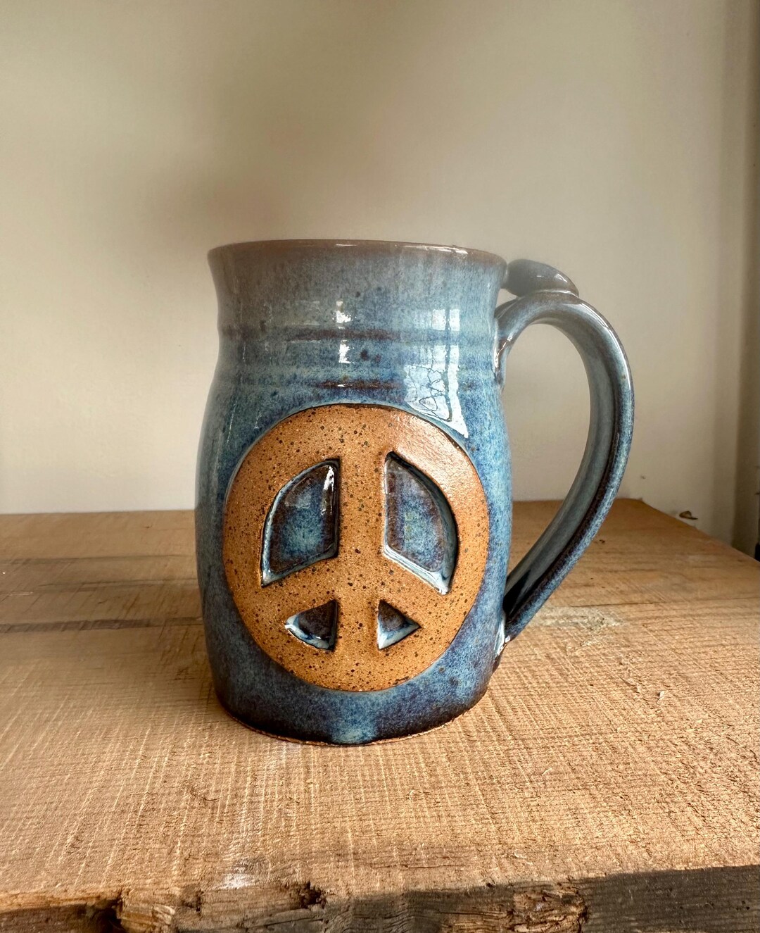 Peace Sign Pottery Ceramic Coffee Mug Peace Sign Thumb Rest Blue 14 Ounce Hand Thrown ...