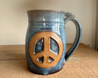 Ceramic Coffee Mug Peace Sign Thumb Rest Blue 14 ounce hand thrown pottery stoneware clay