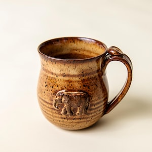 Coffee Mug Hand thrown cup with elephant on the front thumb rest stoneware clay ceramic pottery cup safari kenya wildlife