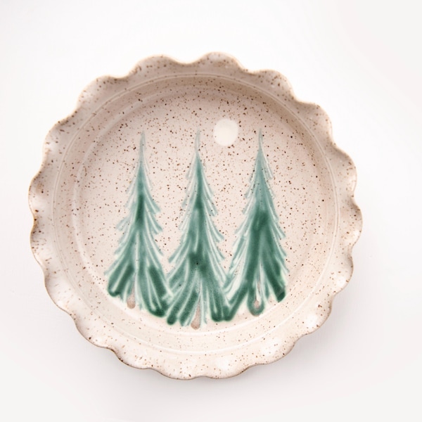 Ceramic Pie Dish Baking Winter Tree Holiday Stoneware