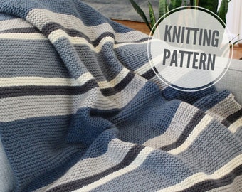 Throw KNITTING PATTERN / Here & Now Blanket / Striped Afghan Knit Pattern for Bulky Yarn / Easy to Knit Chunky Throw with Stripes