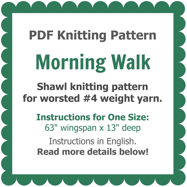 Op de afbeelding: Een PDF-breipatroon getiteld "Morning Walk" voor een sjaal. Het patroon is ontworpen voor kamgaren. De instructies zijn in het Engels en bevatten afmetingen van 160 cm spanwijdte en 33 cm diepte.