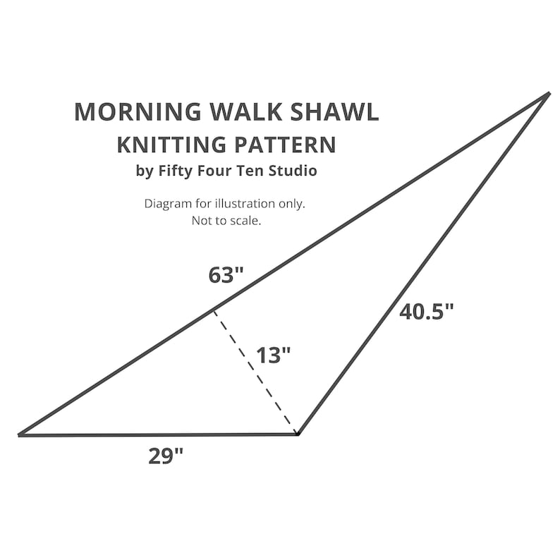 Op de afbeelding: Diagram van een sjaal breipatroon, getiteld "Morning Walk Shawl Knitting Pattern by Fifty Four Ten Studio." Het diagram toont een driehoek met afmetingen: 160 cm, 74 cm, 103 cm en 33 cm. De tekst "Diagram alleen ter illustratie. Niet op schaal."