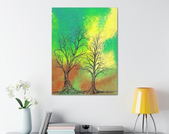 Emerald green abstract landscape with tree. Bold and brilliant background with trees on canvas for your home, office or studio
