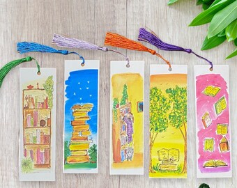 5 Bookmarks | Bookmark Them Collection | Laminated Bookmark | Handmade Bookmarks | Bookmarks With Tassels | Watercolor Bookmark | Gift Ideas