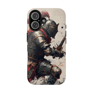 May include: Phone case featuring a watercolor illustration of a medieval knight in full armor. The knight is depicted in shades of black, gray, and gold, with a red cape and helmet plume. The case has a glossy finish and a protective design.