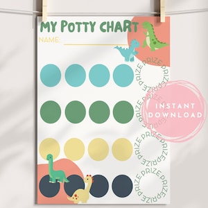 May include: A printable potty chart with the text "MY POTTY CHART" and "NAME:" at the top. The chart features rows of colored circles and dinosaur illustrations. A pink circle with "INSTANT DOWNLOAD" is also visible.