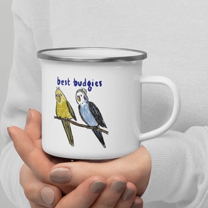 Budgie Enamel Mug Bird Lover Gift Tin Mug Parrot Bird Pet Break Cup Bird Motif