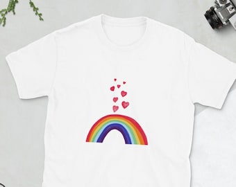 Rainbow T-shirt in white with red hearts,