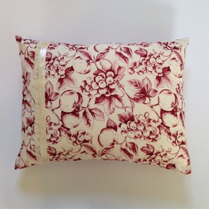 Fruit Compote Toile Pillow harvest fruit dk wine toile on ecru with ivory satin ribbon and ivory crochet trim.