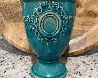 Midcentury Modern MCM 1940s Small Turquoise Vase with Floral Design