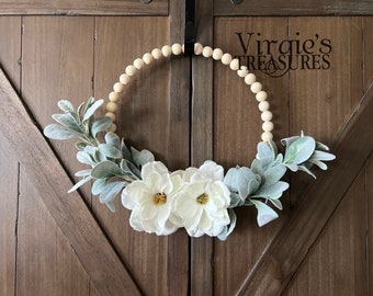 Year Round Wreath, Lambs Ear Wreath, Farmhouse Beaded Wood Wreath, Wood Bead Wreath, Kitchen Wreath, Everyday Wreath, Beaded Wood Wreath