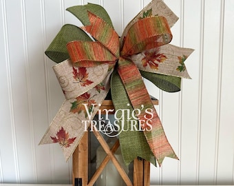 Fall Leaf Bow | Lantern Bow | Fall Lantern Bow |Wreath Embellishment | Farmhouse Lantern Bow | Orange and Green Fall Ribbon | Fall Bow