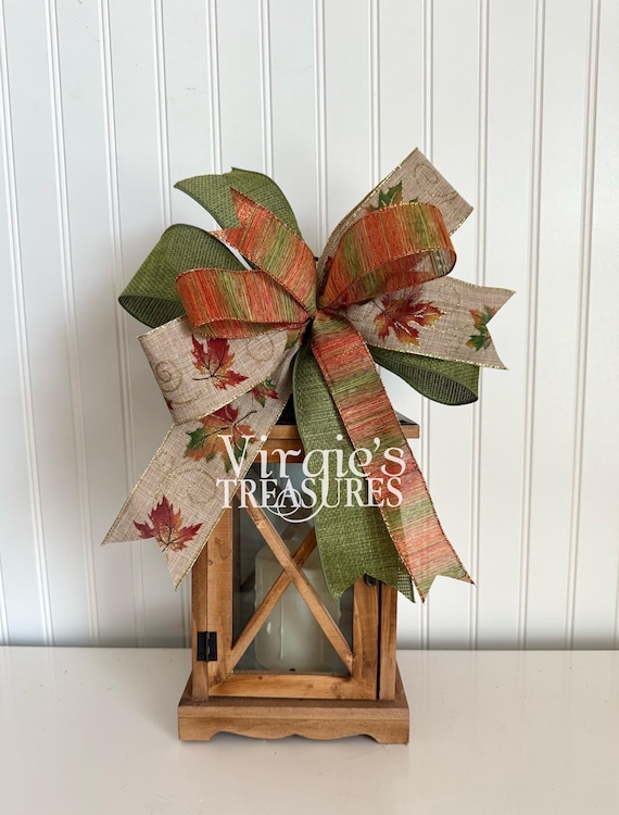 Fall Leaf Bow | Lantern Bow | Fall Lantern Bow |Wreath Embellishment | Farmhouse Lantern Bow | Orange and Green Fall Ribbon | Fall Bow