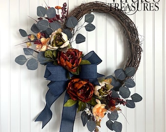 Fall Wreath / Autumn Wreath / Peony Fall Wreath  / Fall Wall Decor / Blue Eucalyptus Wreath / Navy Blue & Burnt Orange Floral Wreath