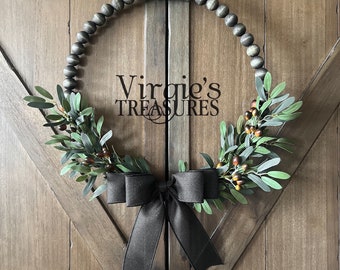 Olive Wreath, Year Round Wreath, Olive Leaf Wreath, Farmhouse Wreath, Black Wood Bead Wreath, Kitchen Wreath, Everyday Wreath