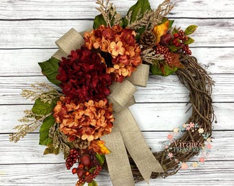 Fall Wreath, Fall Hydrangea Wreath, Front Door Wreath for Fall, Farmhouse Wreath, Hydrangea wreath