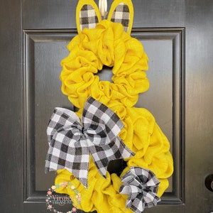 Bunny Wreath, Burlap Bunny Wreath, Easter Bunny Wreath, Spring Wreath, Yellow Burlap Wreath, Buffalo Plaid Bunny