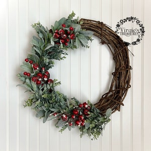 Christmas Frosted Berry Wreath, Farmhouse Christmas Wreath, Holiday Wreath, Eucalyptus and Lambs Ear Wreath