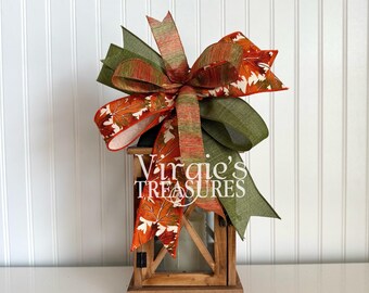 Fall Leaf Bow | Lantern Bow | Fall Lantern Bow |Wreath Embellishment | Farmhouse Lantern Bow | Orange and Green Fall Ribbon | Fall Bow