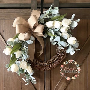 Lamb’s Ear Wreath with White Tulips, Spring wreath for Front Door, Spring Wreath, Summer Wreath, Everyday Wreath, Farmhouse Wreath, Sympathy