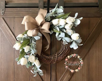 Lamb’s Ear Wreath with White Tulips, Spring wreath for Front Door, Spring Wreath, Summer Wreath, Everyday Wreath, Farmhouse Wreath, Sympathy
